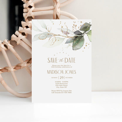 Editable Save the Date Greenery Birthday Card Invitation Template, Printable Any Age Birthday Invite, Save the Date Email Text Message Evite