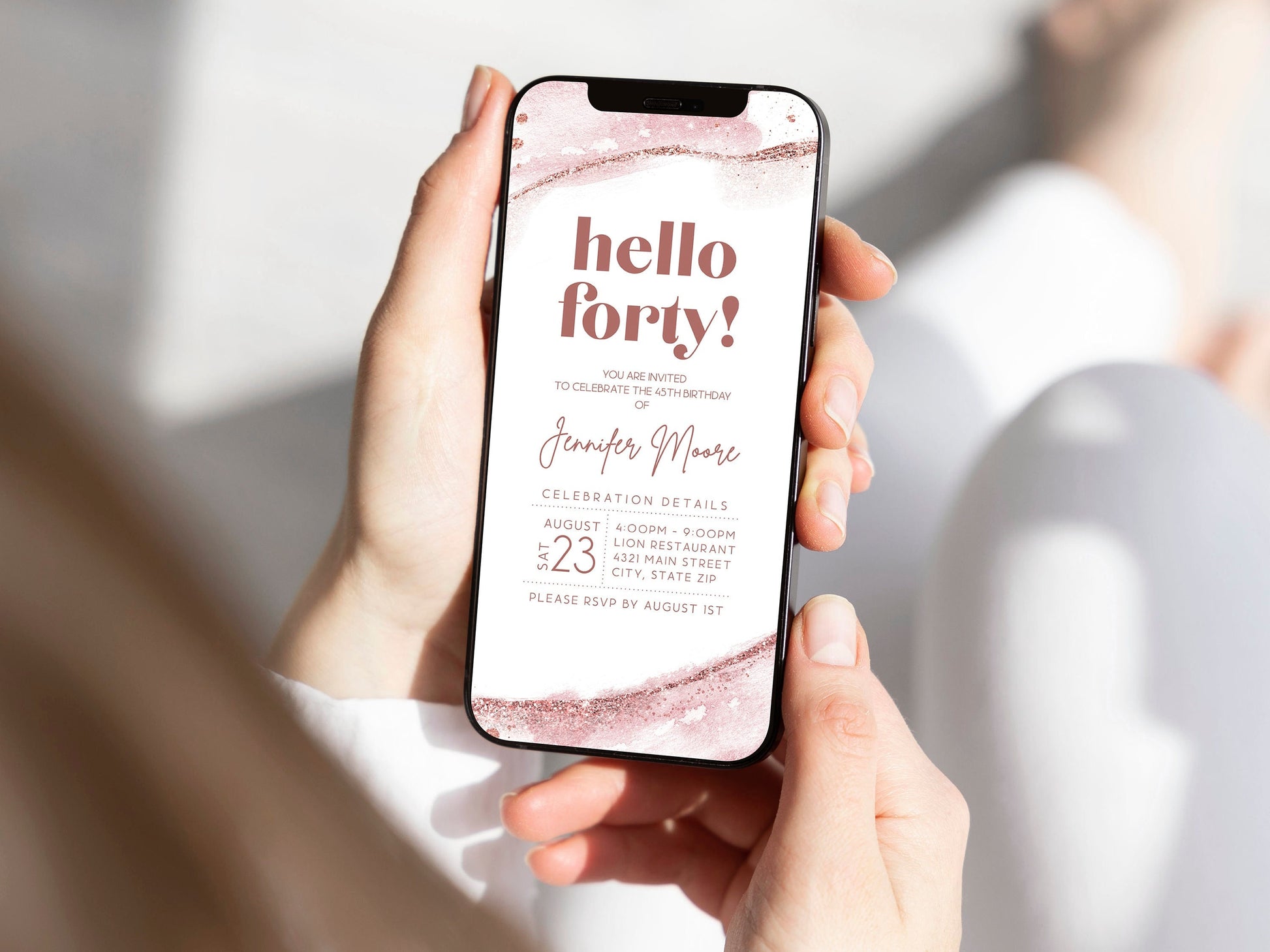 Digital Hello Forty 40th birthday text message Invitation Evite, Editable birthday invite, Electronic invitation, Phone invitation template