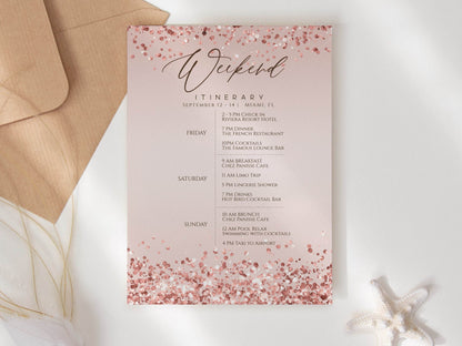 Printable Birthday Itinerary Template, Editable Rose Gold Bachelorette Party Itinerary, Birthday Weekend Schedule, Text Message Digital Evite, Instant Download