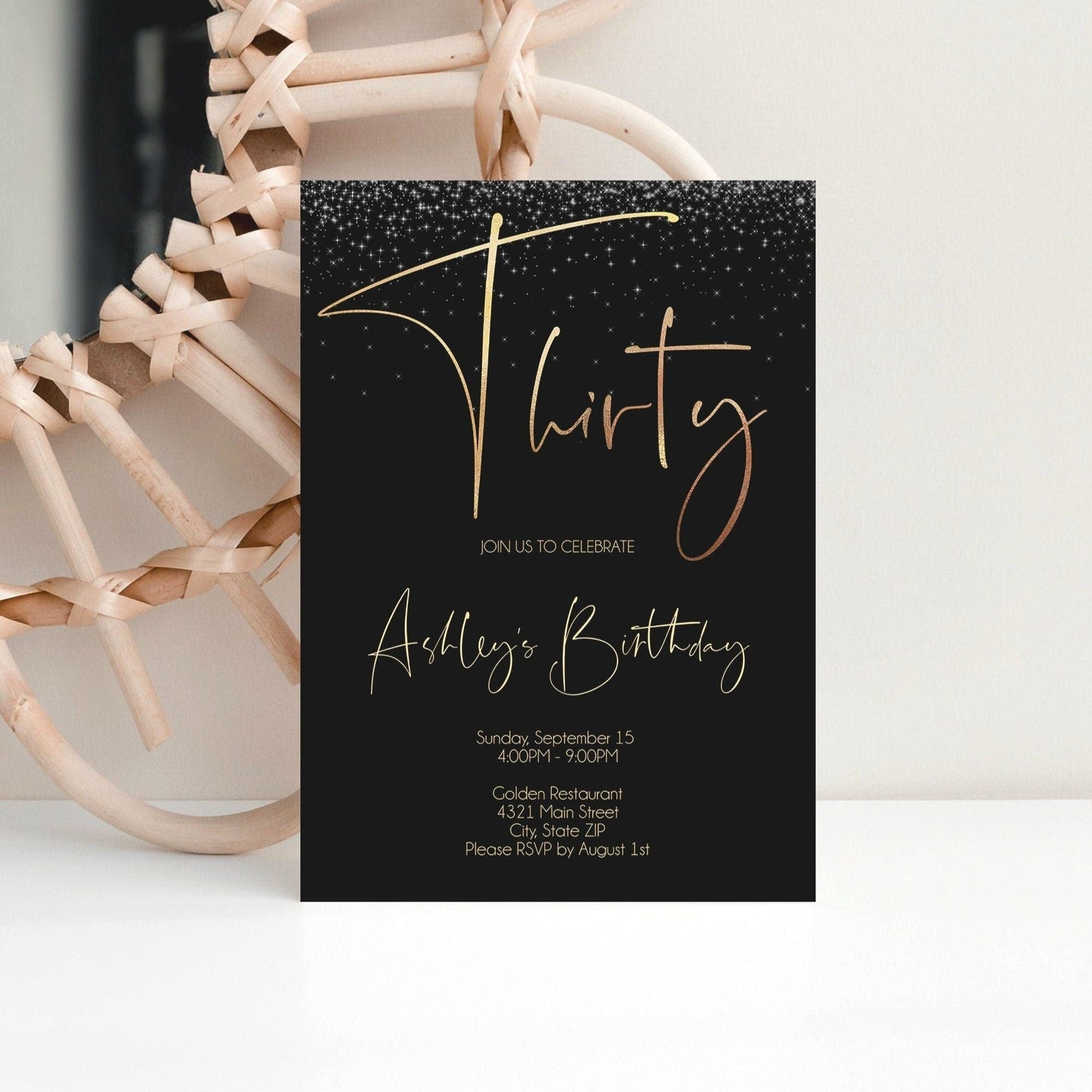 30th Birthday Invitation Template, Printable Gold Confetti Birthday Party Invitation, 30 Birthday for her, Editable Thirty Instant Download