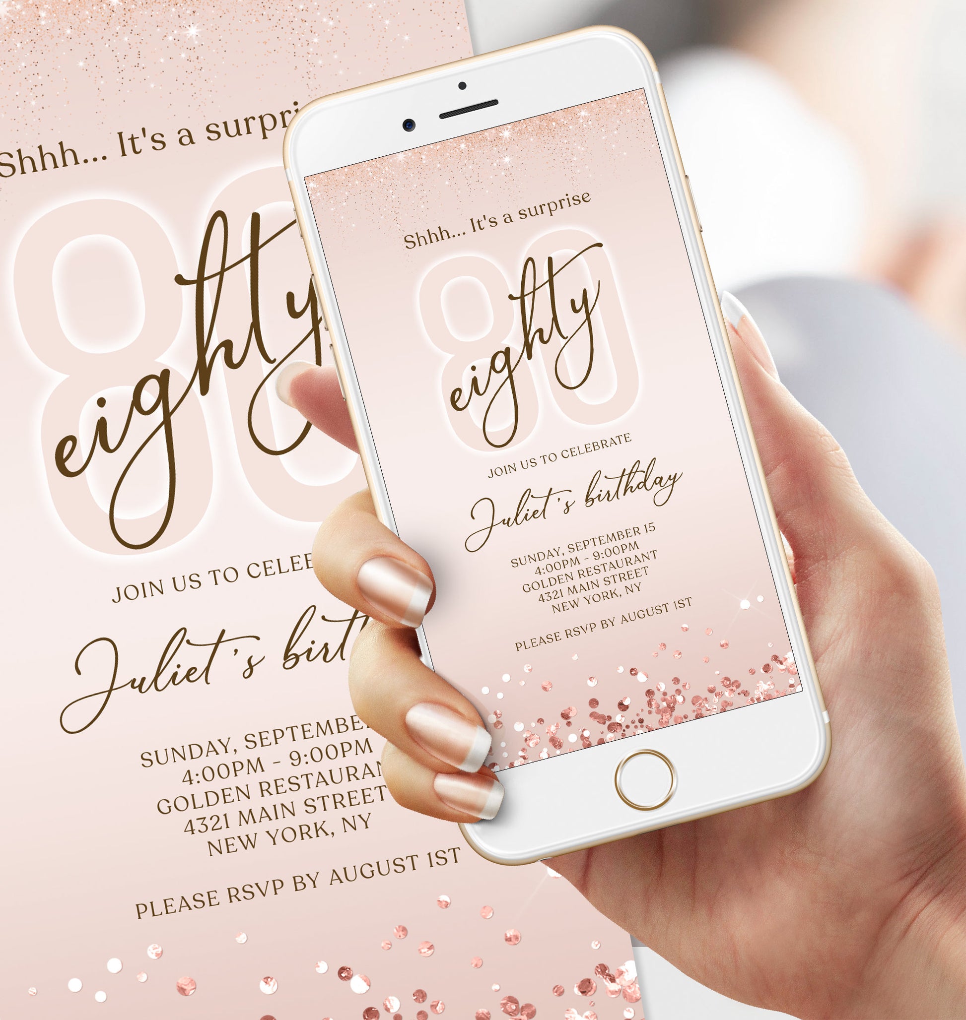 Digital Shhh it's a surprise 80th eighty text invitation template, Rose Gold Electronic Editable invite, Text Message Evite, Women Birthday Invite