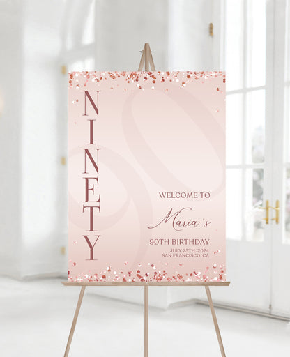 Printable Rose Gold 90th Ninety Birthday Welcome Sign Template, Editable Sign, Blush Pink Birthday Welcome Sign Poster, Modern Welcome Board
