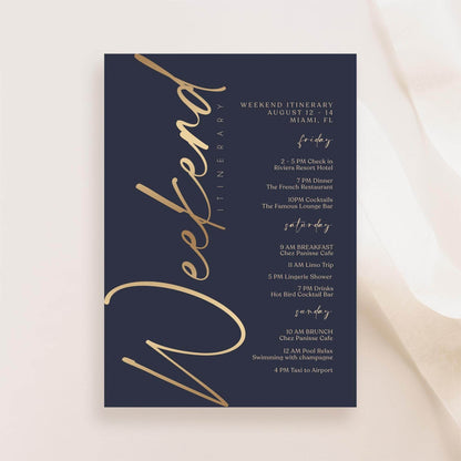 Editable Navy & Gold Weekend Itinerary Template – Elegant Printable Event Schedule | Birthday or Anniversary Weekend Planner | Instant Download