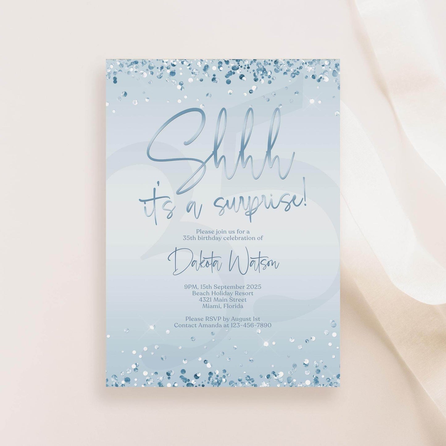 Surprise Party Invitation Template | Blue & Silver Foil Editable Birthday Invite | Any Age Printable Evite | Shhh It’s a Surprise | Text or Email Card