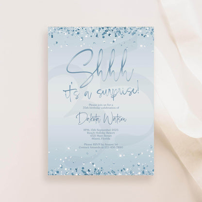 Surprise Party Invitation Template | Blue & Silver Foil Editable Birthday Invite | Any Age Printable Evite | Shhh It’s a Surprise | Text or Email Card