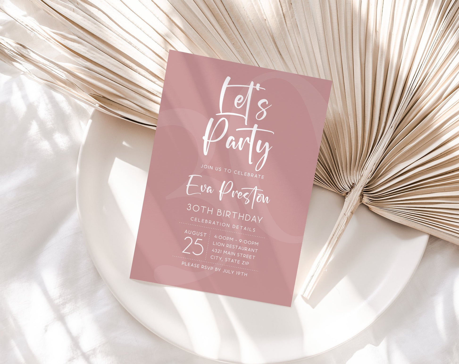 Simple Dusty Rose Let's Party Birthday Invitation Template, Printable Any Age Birthday Invite, Editable Email Text Message Evite, Download