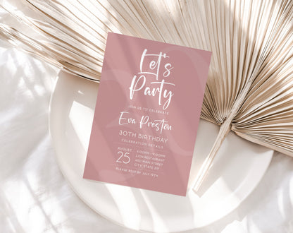 Simple Dusty Rose Let's Party Birthday Invitation Template, Printable Any Age Birthday Invite, Editable Email Text Message Evite, Download