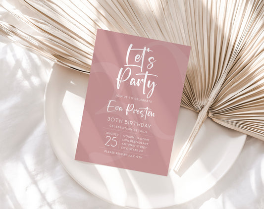 Simple Dusty Rose Let's Party Birthday Invitation Template, Printable Any Age Birthday Invite, Editable Email Text Message Evite, Download