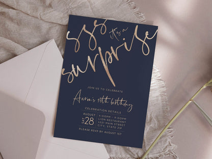 Printable Shhh it's a surprise Birthday Invitation Template, 40th Forty Navy Gold Birthday Party Invite, DIY Editable Invitation Template