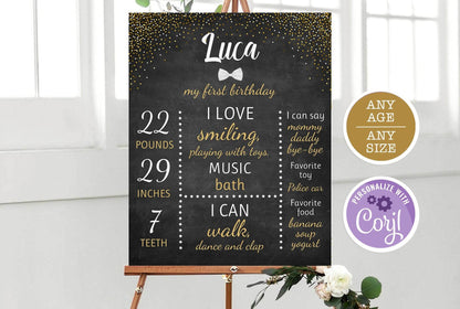 Mr. ONEderful Birthday Stats Board | Black & Gold 1st Birthday Chalkboard Sign | Printable Bow Tie Milestone Poster | Boy First Birthday Decor