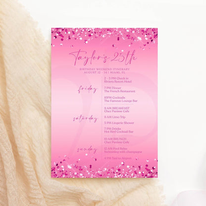 Editable Pink Any Age Ladies Birthday Itinerary Template, Printable Fuchsia Woman Itinerary, Digital Weekend Itinerary, Email Text Message