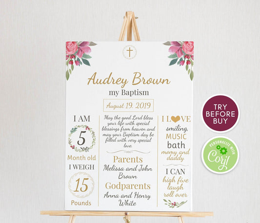 Girl Baptism Milestone Sign, Chalkboard Christening Poster, Floral Baby Baptism Welcome Sign, Editable Printable Template