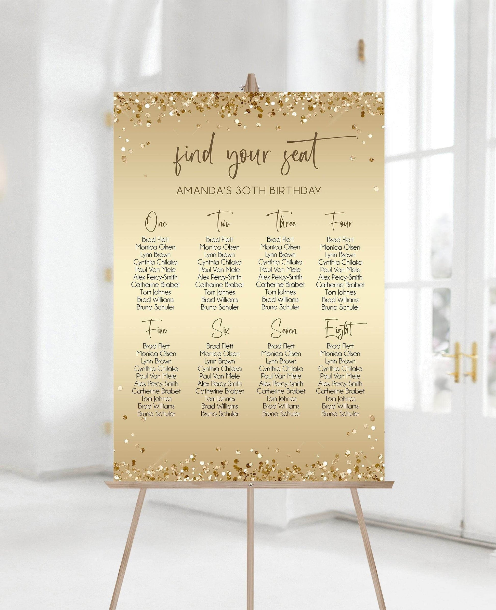 Gold Seating Chart Sign Template, Editable Birthday Seating Chart, Modern Gold Foil Printable Sign, Digital Seating Poster Download