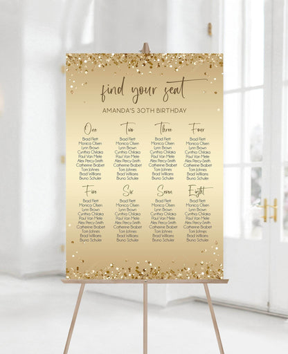 Gold Seating Chart Sign Template, Editable Birthday Seating Chart, Modern Gold Foil Printable Sign, Digital Seating Poster Download