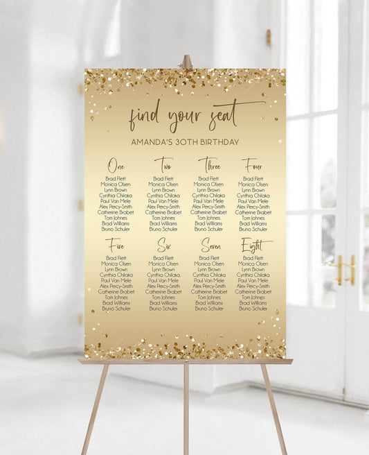 Gold Seating Chart Sign Template, Editable Birthday Seating Chart, Modern Gold Foil Printable Sign, Digital Seating Poster Download