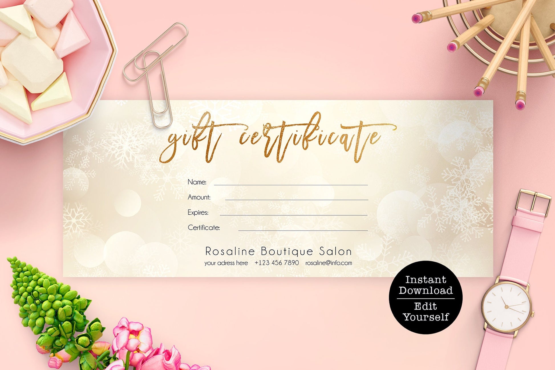 Christmas Gift Certificate, Editable Gift Card, Holiday Printable Gold Gift Voucher, Christmas Holiday Gift Certificate Template, Download