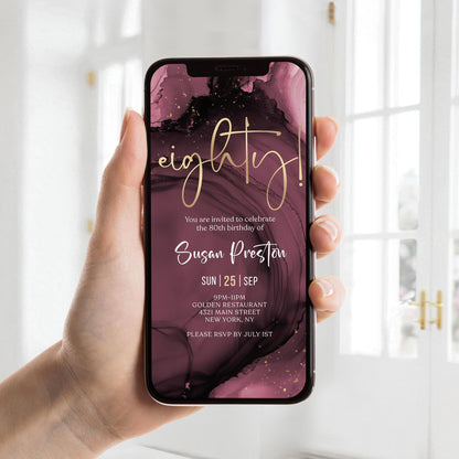 Purple Gold 80th Birthday Invitation Template, Digital Women's Birthday Invite Card, Editable Electronic Evite, Email & Text Message, Instant Download