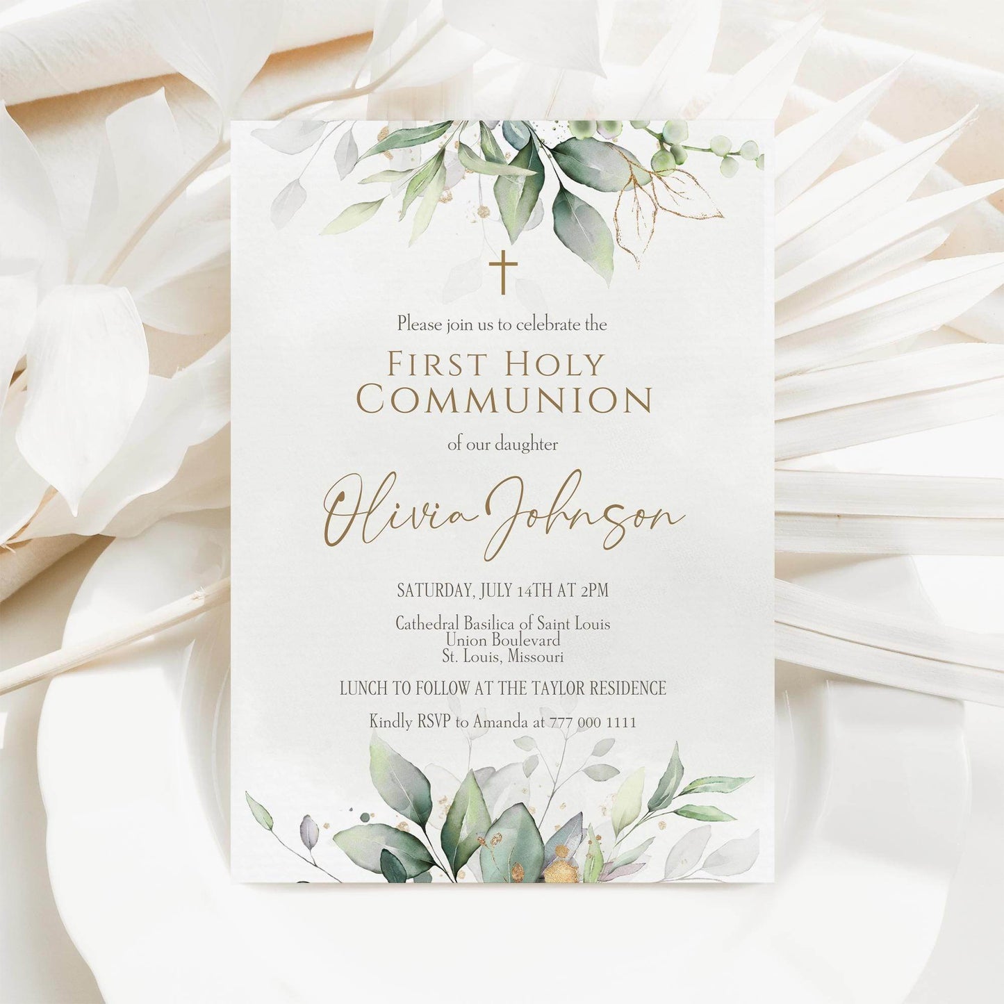 First Communion Invitation Template Printable, Greenery Watercolor Holy Communion Card, Editable Boy Girl Invite, Instant Download