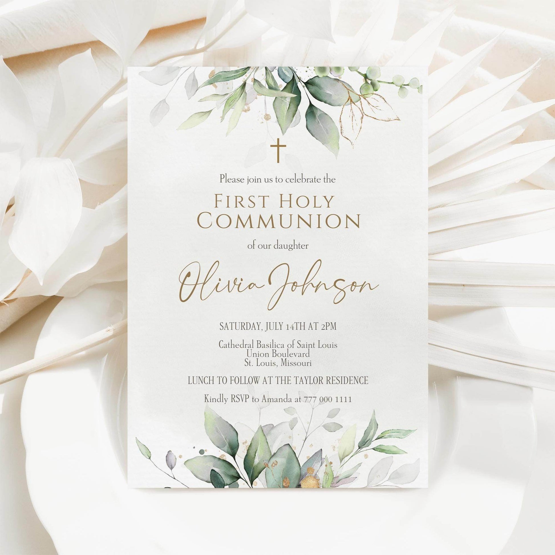 First Communion Invitation Template Printable, Greenery Watercolor Holy Communion Card, Editable Boy Girl Invite, Instant Download