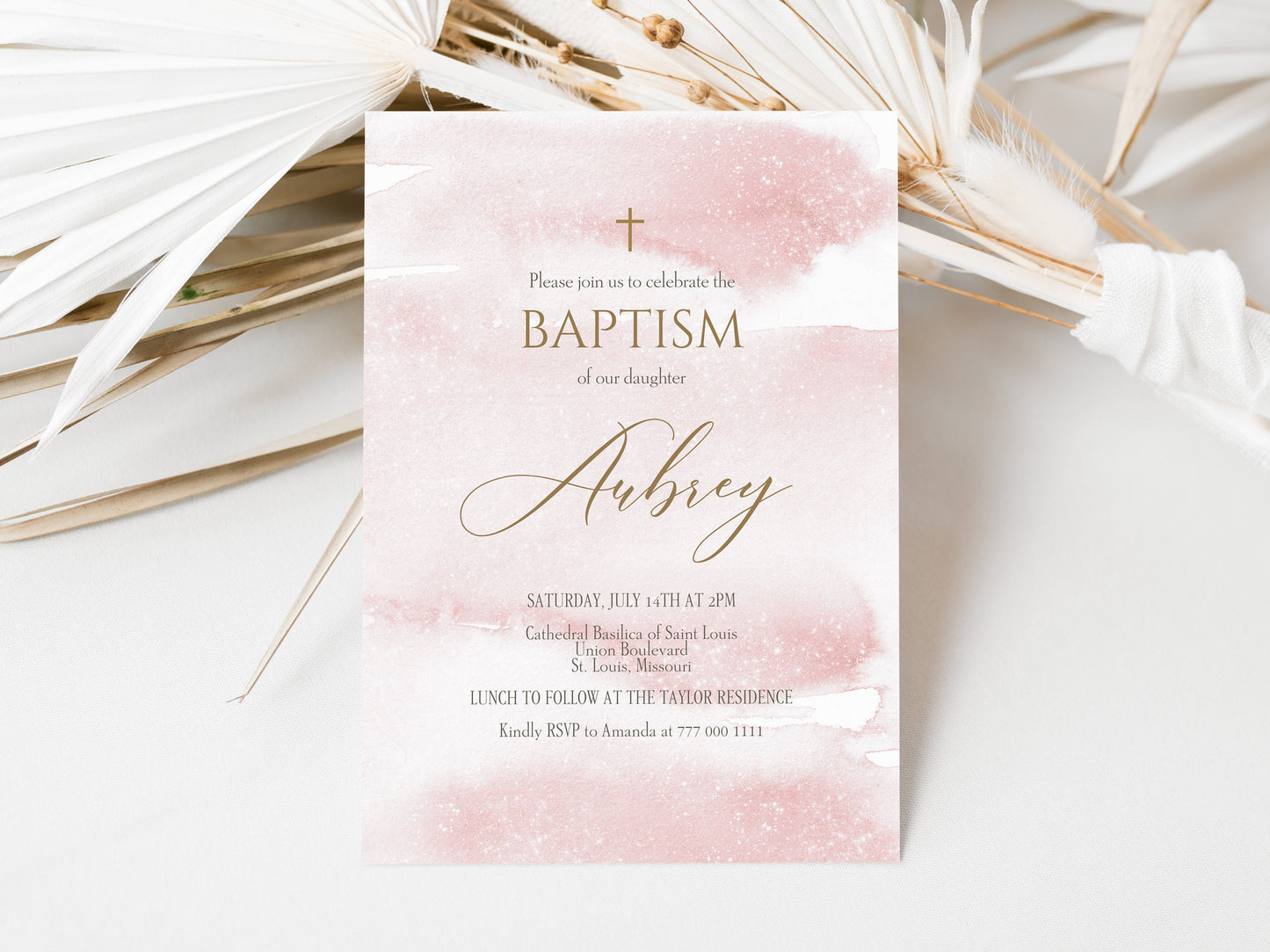 Printable Pink Girl Baptism Invitation Template - Editable Design