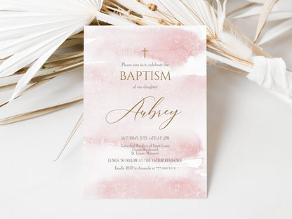 Printable Pink Girl Baptism Invitation Template - Editable Design