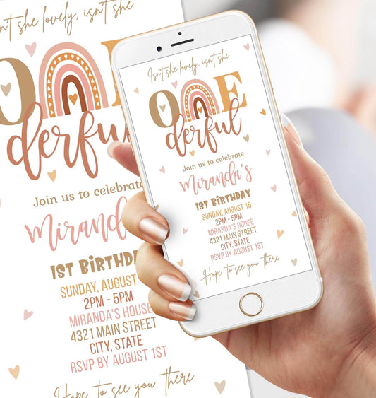 Boho “Onederful” First Birthday Invitation Template – Digital Girl Rainbow Birthday Evite | Editable Electronic 1st Birthday Party Invite | Instant Download