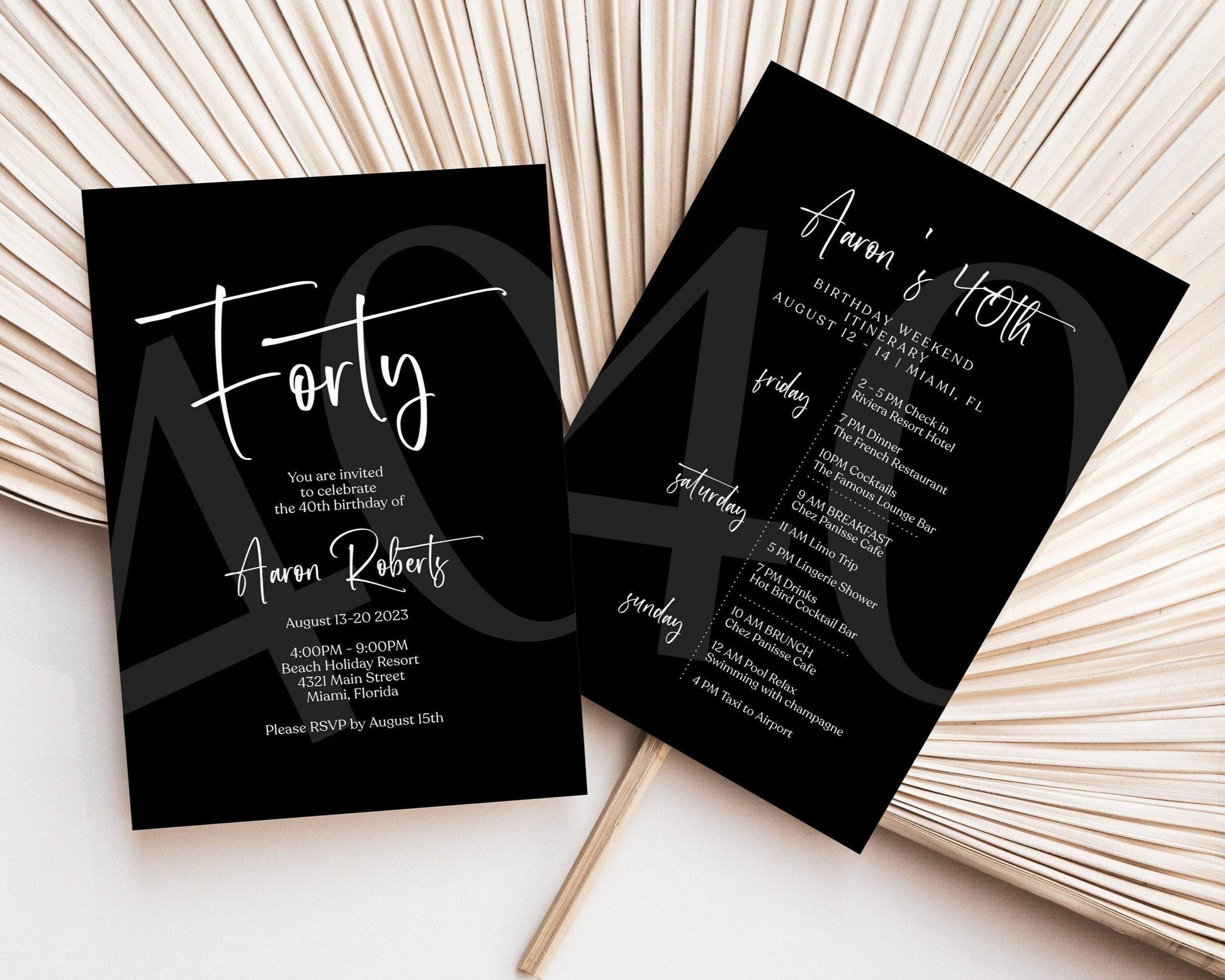 Printable 40th Birthday Weekend Itinerary Template | Editable Black Minimalist Weekend Invite | Digital Birthday Weekend Schedule Download