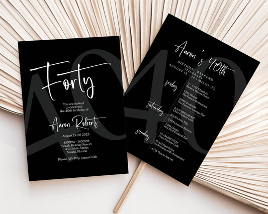 Printable 40th Birthday Weekend Itinerary Template | Editable Black Minimalist Weekend Invite | Digital Birthday Weekend Schedule Download