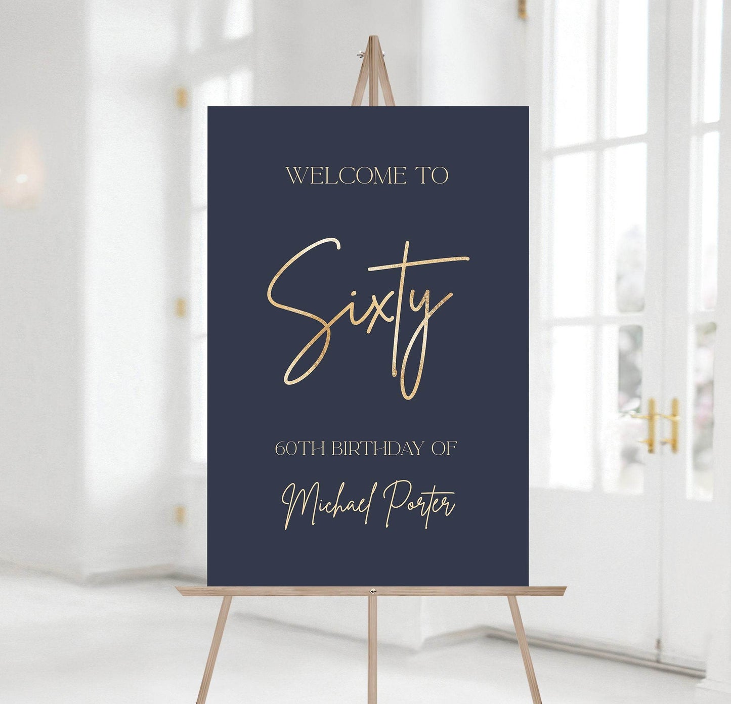 60th Birthday Welcome Sign Template | Navy & Gold Foil Editable Poster | Printable Modern Party Sign for Men | Instant Download Birthday Decoration