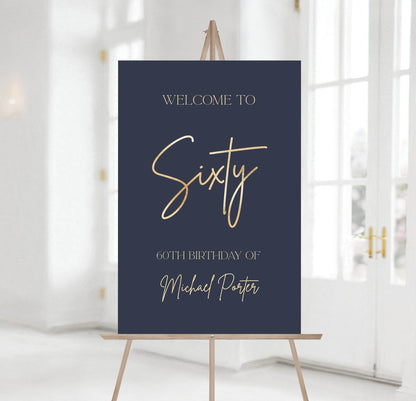 60th Birthday Welcome Sign Template | Navy & Gold Foil Editable Poster | Printable Modern Party Sign for Men | Instant Download Birthday Decoration