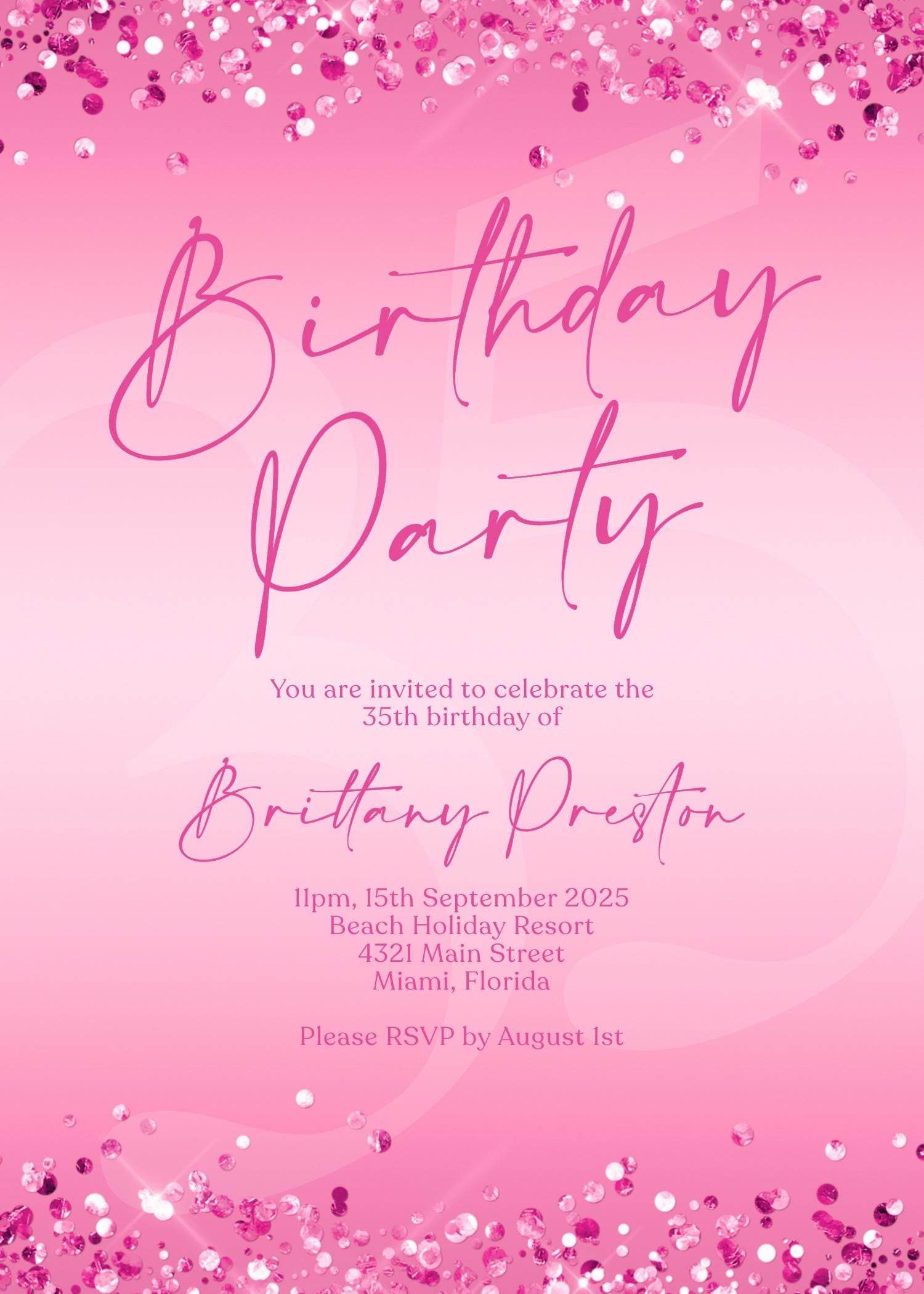 Fuchsia Pink Birthday Party Editable Invitation Template, Printable Birthday Invite, Ladies Email Text Message Invitation, Any Age Birthday