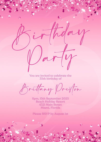 Fuchsia Pink Birthday Party Editable Invitation Template, Printable Birthday Invite, Ladies Email Text Message Invitation, Any Age Birthday