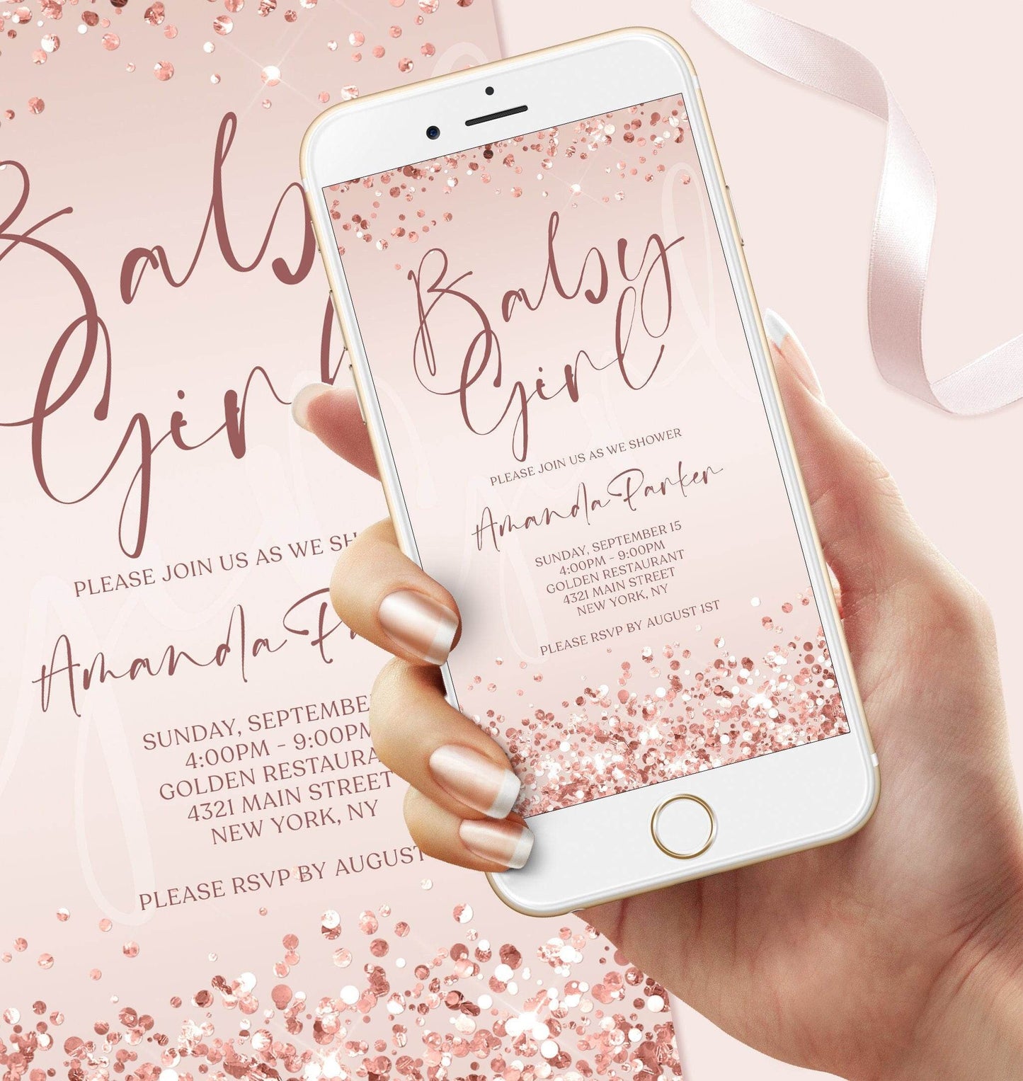 Digital Baby Girl Rose Gold Baby Shower Invite, Electronic Baby Shower Invitation, Editable Invitation Template, Sweet Baby Girl Pink Evite