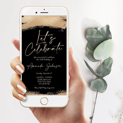 Black and Gold “Let’s Celebrate” Digital Invitation | Editable Birthday Evite Template | Electronic Text Message Invite | Instant Download