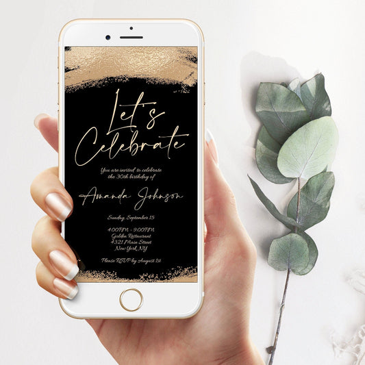 Black and Gold “Let’s Celebrate” Digital Invitation | Editable Birthday Evite Template | Electronic Text Message Invite | Instant Download