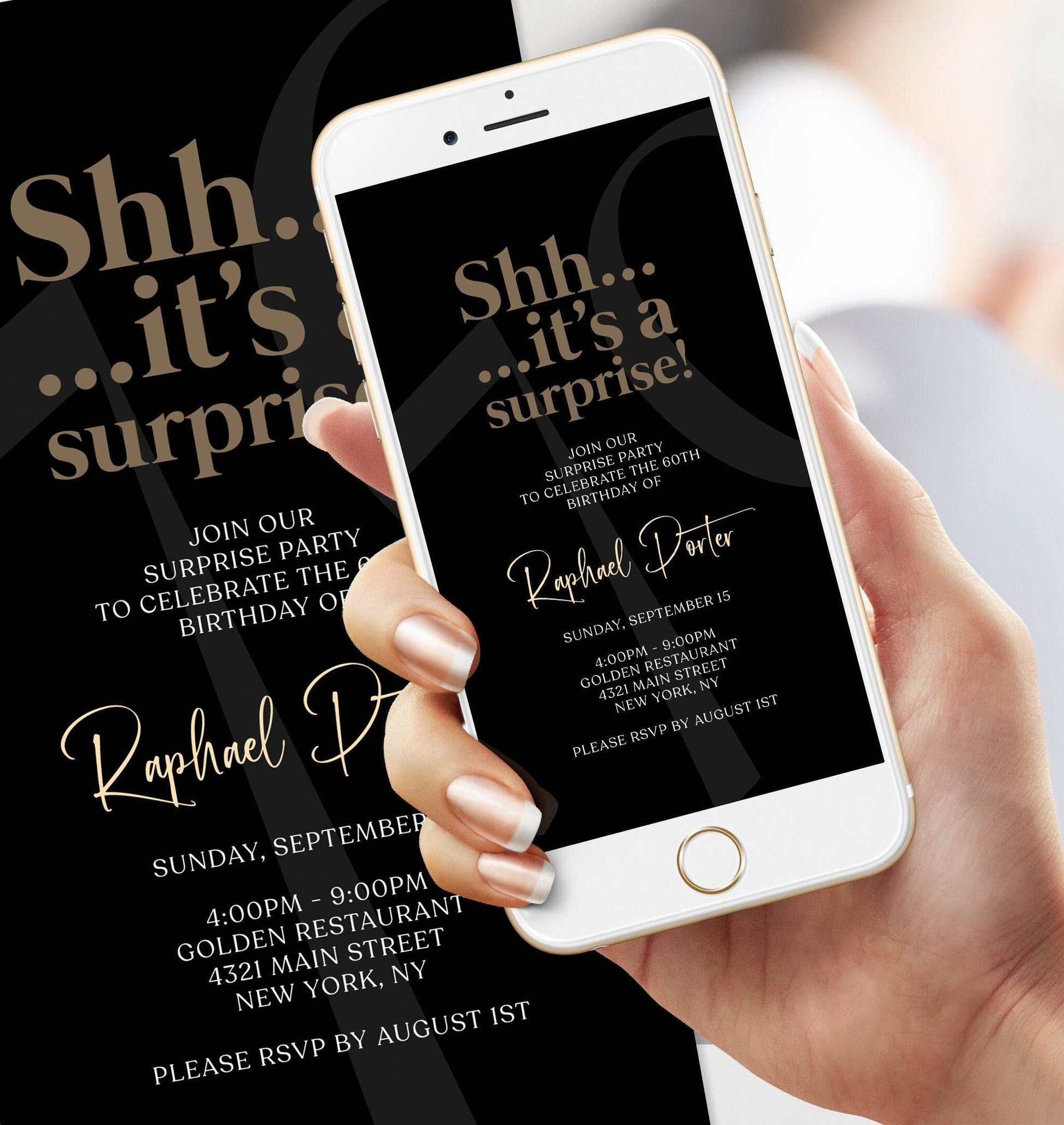 Digital Simple Shhh it's a surprise, Electronic 70th Seventy birthday text message invitation template, Minimalist Editable Birthday invite