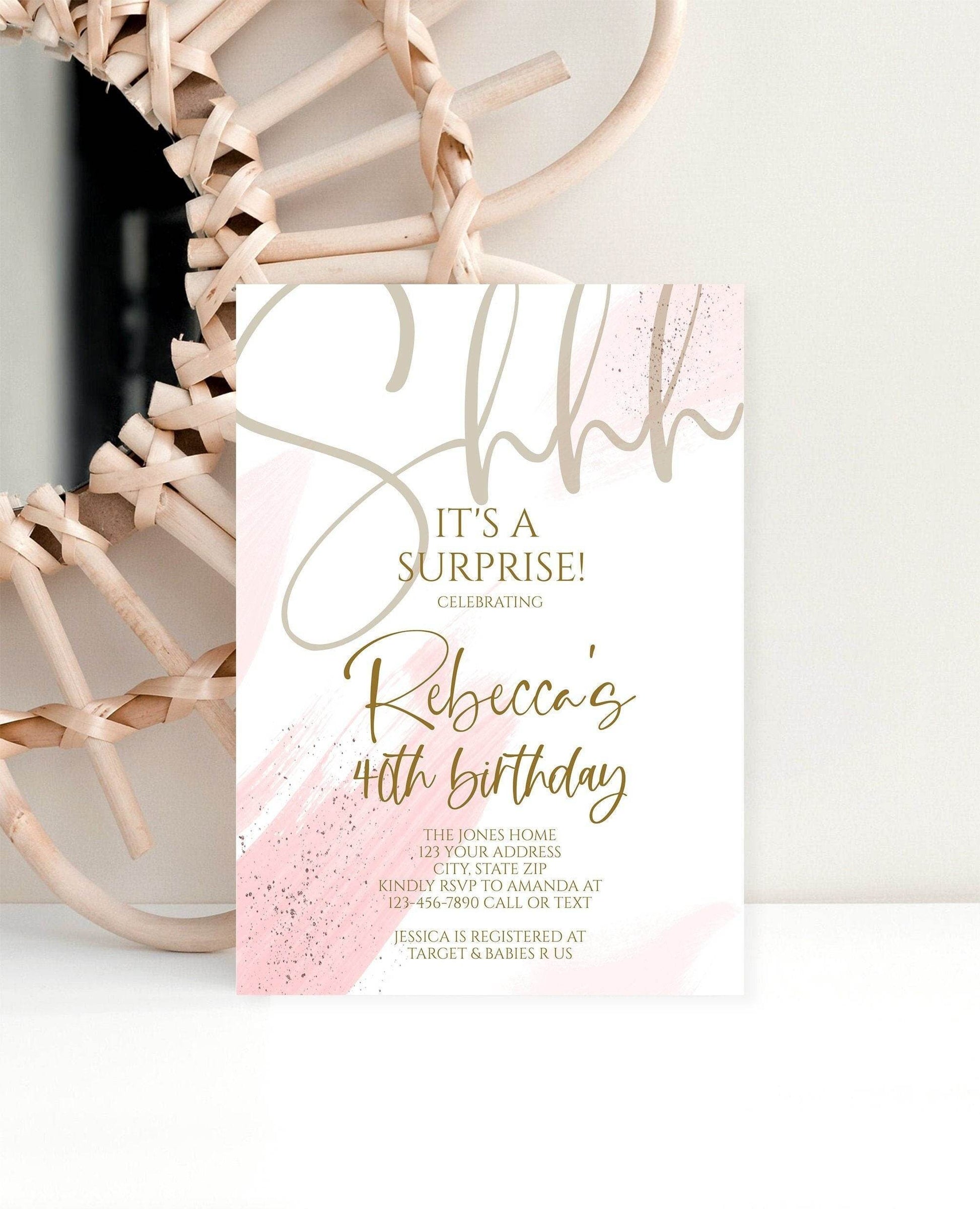 Printable Pink Shhh it's a surprise 40th forty birthday invitation template, Forty Editable invite, Any Age Invitation, Instant Download