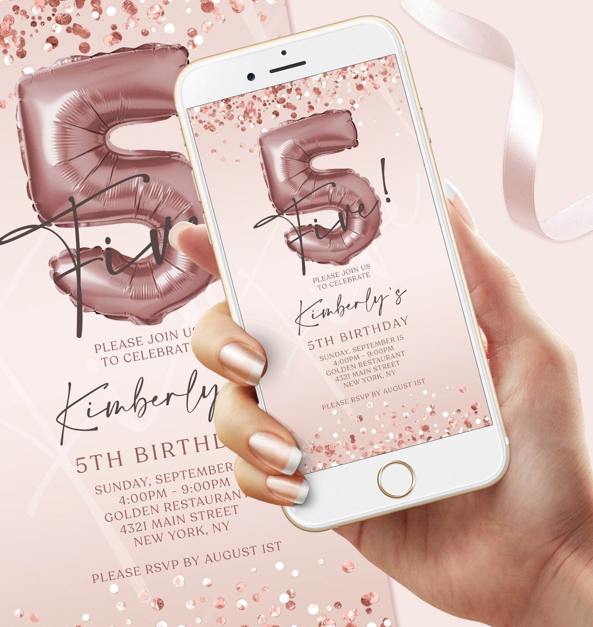 Digital 5th Birthday Girl Invitation Template, Electronic Rose Gold Pink Invite, Editable Mobile Birthday Text Message Evite, Instant Download