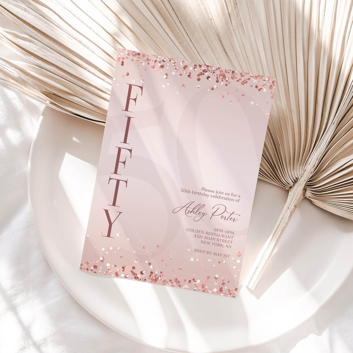 Pink Rose Gold 50th Birthday Invitation Template | Editable Surprise Party Invite | Printable & Digital Evite for Email or Text