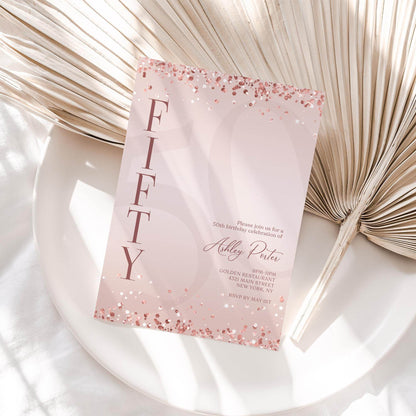 Pink Rose Gold 50th Birthday Invitation Template | Editable Surprise Party Invite | Printable & Digital Evite for Email or Text