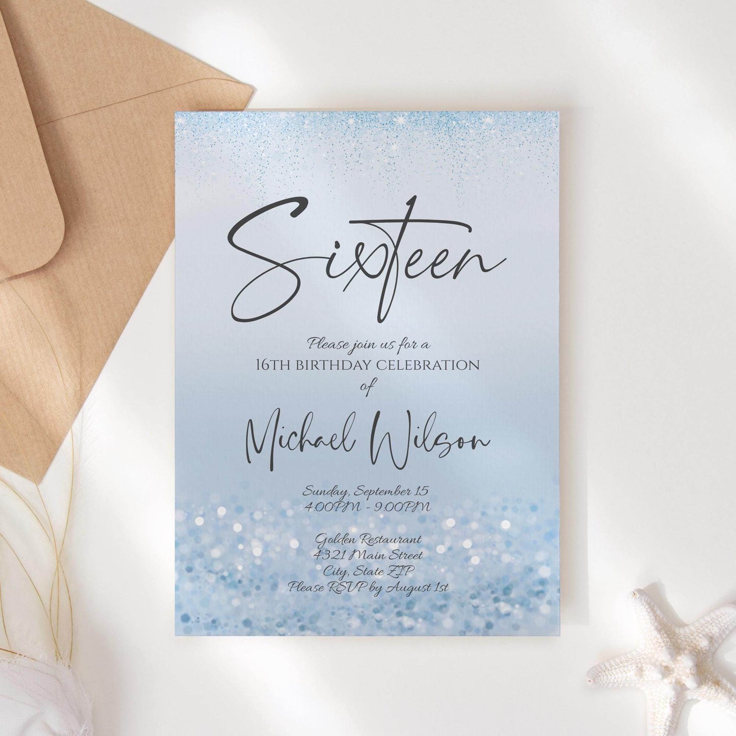 Blue 16th Birthday Invitation Template – Editable Boy Sixteen Party Invite | Modern Confetti Design | Printable or Text Message Digital Download
