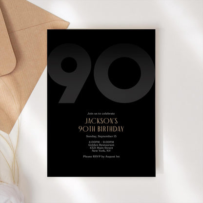 Black 90th Birthday Invitation Template | Editable Modern Men's Party Invite | Elegant Printable Ninety Birthday Card | Instant Download