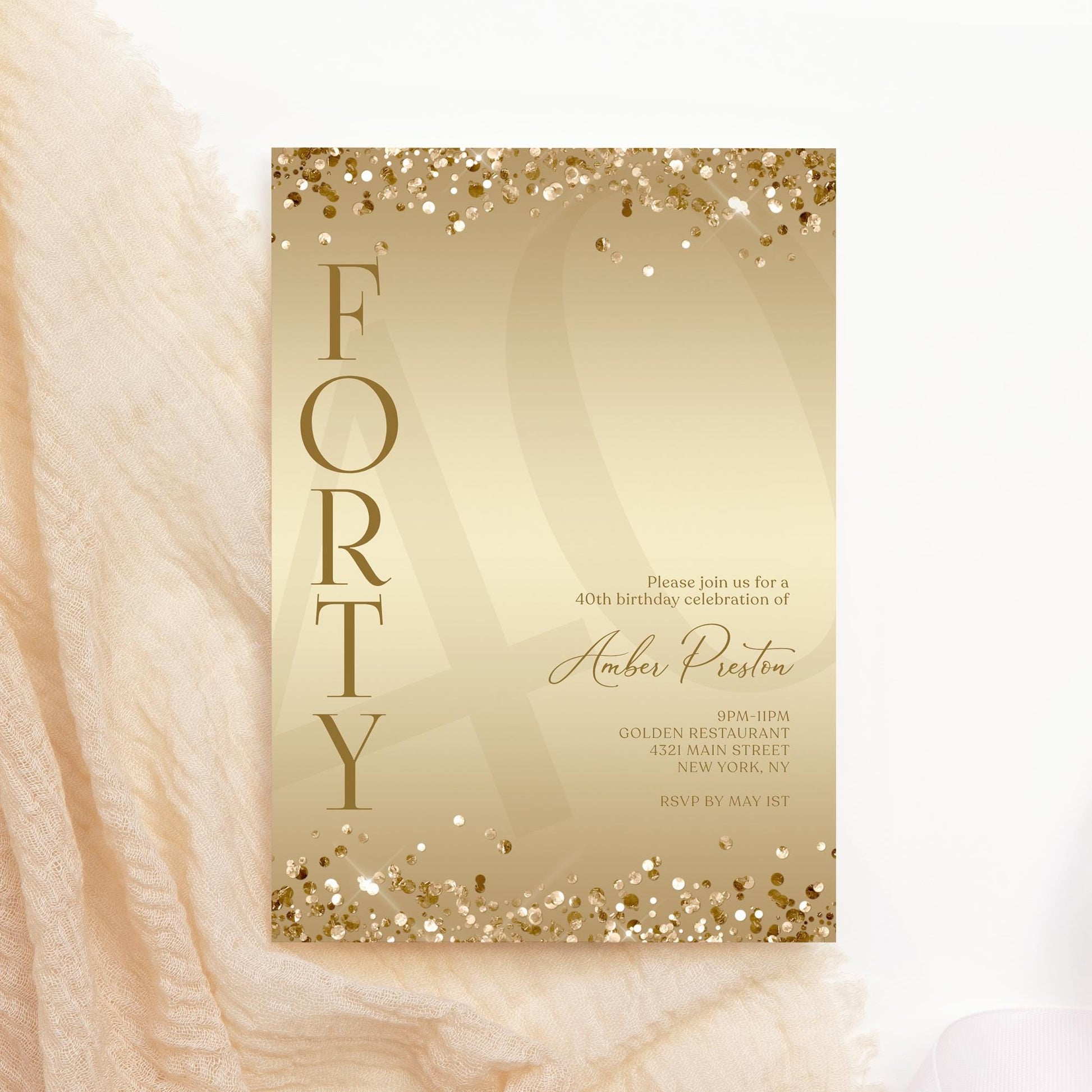 Elegant Gold 40th Birthday Invitation Template | Luxury Surprise Party Evite | Gold Confetti Printable & Editable Invite | Instant Download