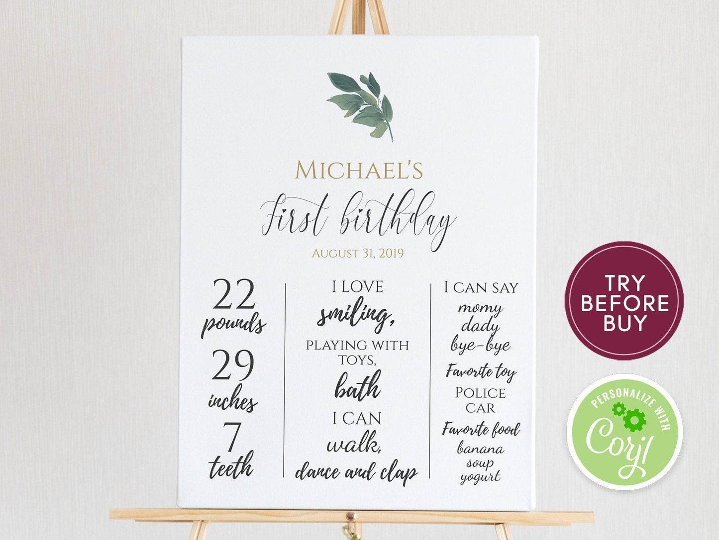 Greenery First Birthday Poster, Botanical Milestone Sign, Girl or Boy 1st Birthday Welcome Sign, Editable Template, Instant Download