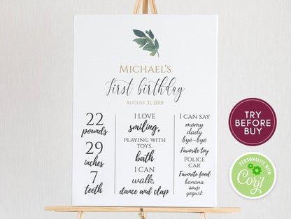 Greenery First Birthday Poster, Botanical Milestone Sign, Girl or Boy 1st Birthday Welcome Sign, Editable Template, Instant Download