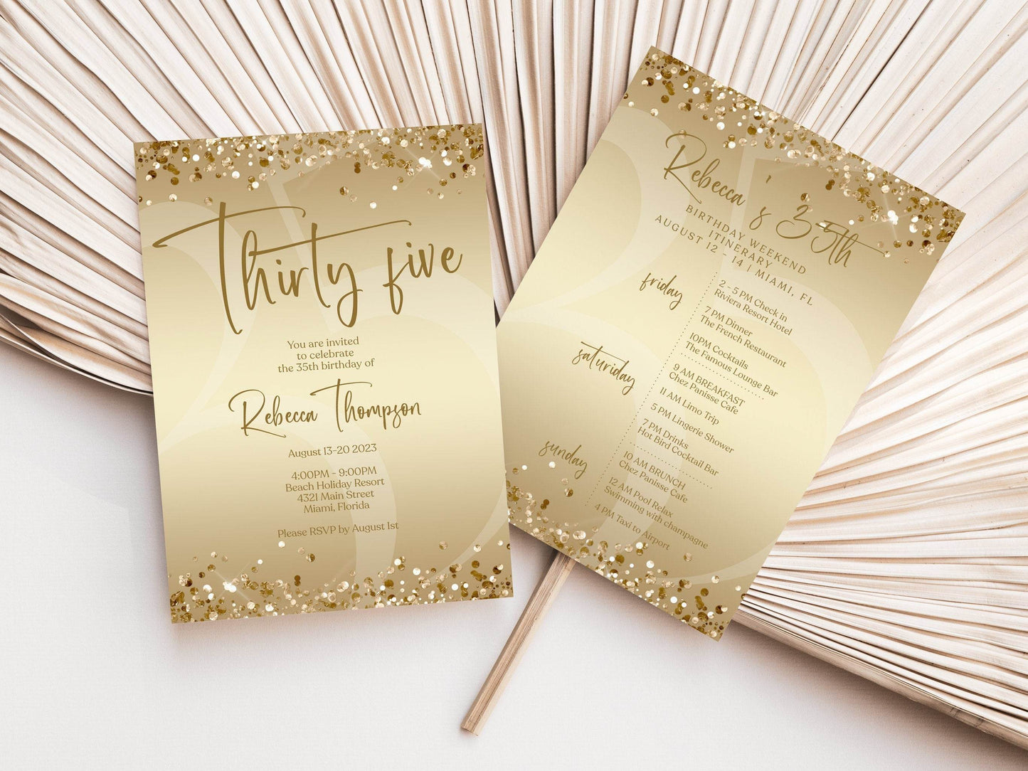Printable Gold 35th Birthday Weekend Itinerary Template, Editable Thirty-Five Party Schedule, Modern Digital Weekend Invitation