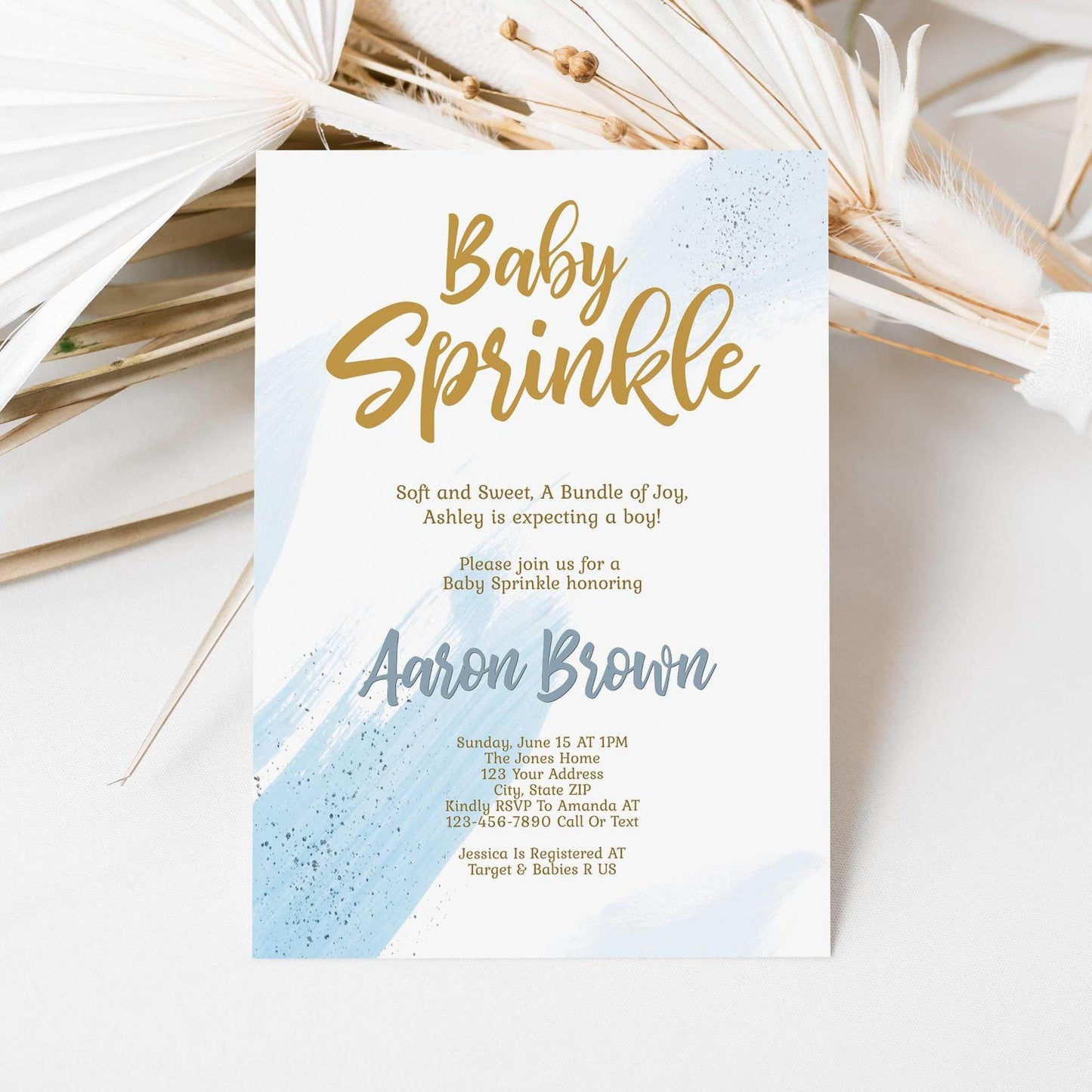 Boy Baby Sprinkle Invitation Template, Editable Blush Blue & Gold Sprinkle Invite, Printable Baby Sprinkle Card Evite, Instant Download