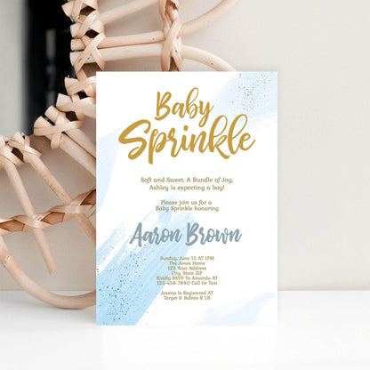 Boy Baby Sprinkle Invitation Template, Editable Blush Blue & Gold Sprinkle Invite, Printable Baby Sprinkle Card Evite, Instant Download