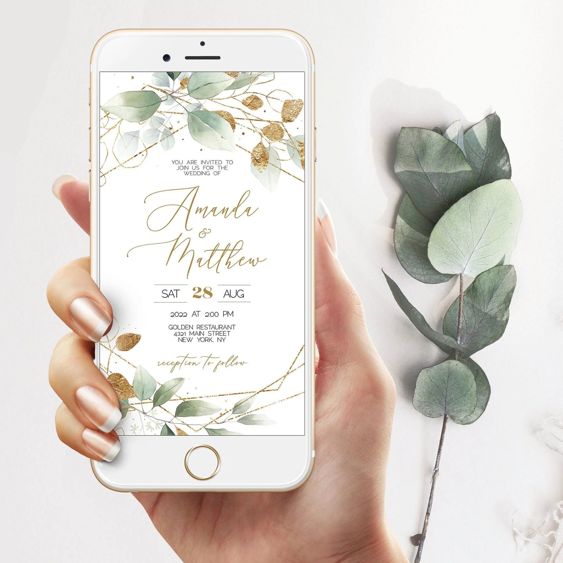 Geometric Wedding ELECTRONIC Invite By Mail, Evite Template, TEXT MESSAGE Digital Invitation, Electronic Greenery Editable, Instant Download