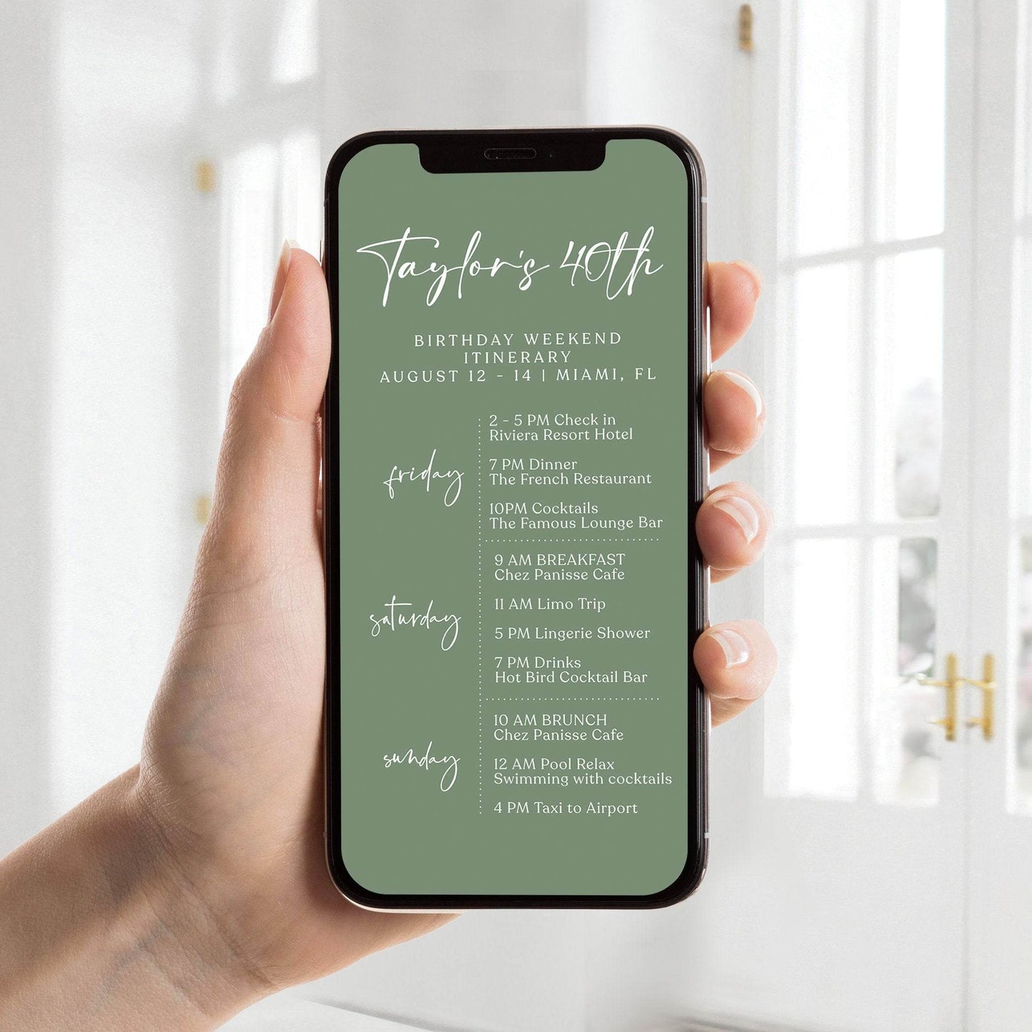 Sage Green 40th Birthday Itinerary Template, Editable Weekend Schedule, Digital Birthday Itinerary, Electronic Party Weekend Invite